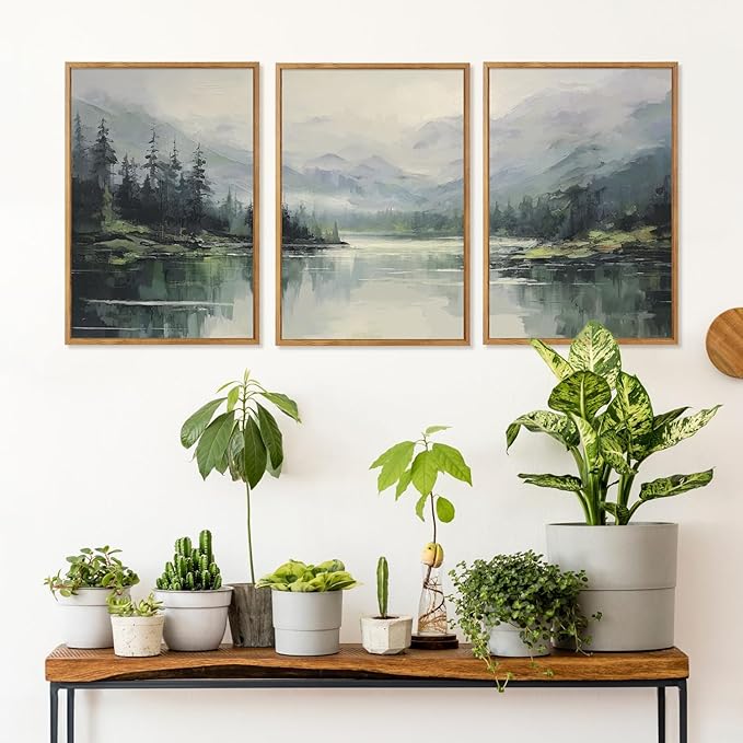 Aurlan Emerald Green Mountain Lake Landscape Framed Wall Art(16"x24"), 3PCS Abstract Forest Nature Canvas Artwork, Large Minimalist Watercolor Modern Pine Trees Scenery Decor for Office Home