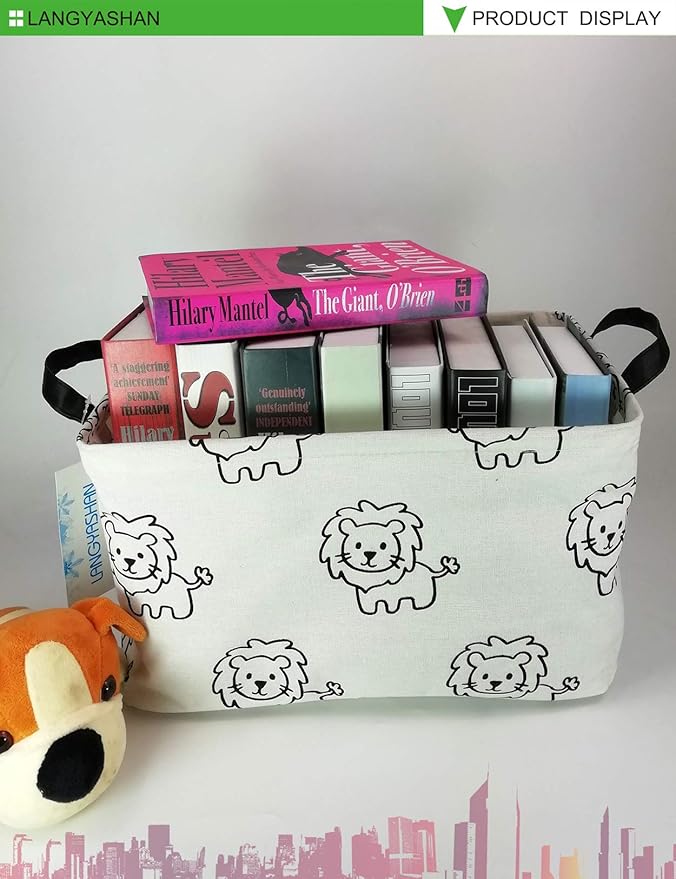 LANGYASHAN Rectangular Storage Bin Collapse Canvas Fabric Cartoon Storage Basket with Handles for Organizing Home Kitchen Boys and Girls Toys Office Closet Shelf Baskets (Rec lion)
