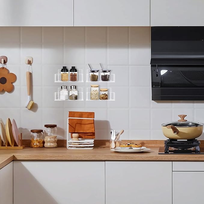 Acrylic Spice Rack Wall Mount-6 Inch, Clear Spice Shelf Storage Holder, 4 Pack Hanging Seasoning Rack Organizer for Cabinet Door, Cupboard or Wall Kitchen (Adhesive or Screw)