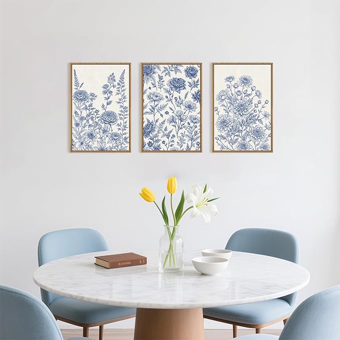 Classic Chinoiserie Floral Framed Canvas Wall Art Set, Blue and White Flower Wall Decor, Navy Watercolor Wall Painting, Minimalist Wildflower Art Print for Living Room, Bedroom - 24"x36"×3
