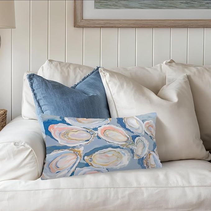 Coastal Beach Room Decor 12x20 Pillow Cover, Coastal Beach Blue Oysters Shell Decorative Lumbar Pillow Covers for Bedroom Living Room Home Dorm Sofa Couch