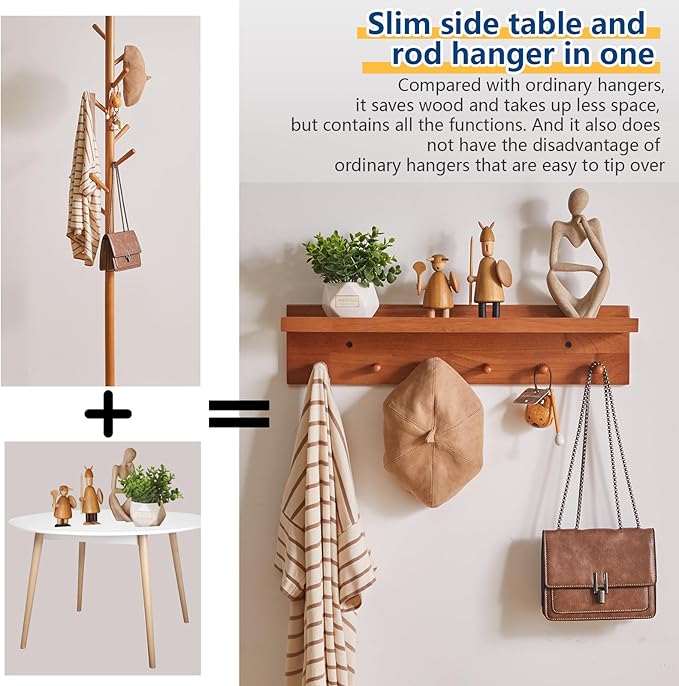 Wall Mounted Hook with Shelf,23.62in Entryway Wall Hanging Shelf,Solid Wood Coat Hooks,for Bathroom, Kitchen,Cherry Wood Color YD-WS0260C