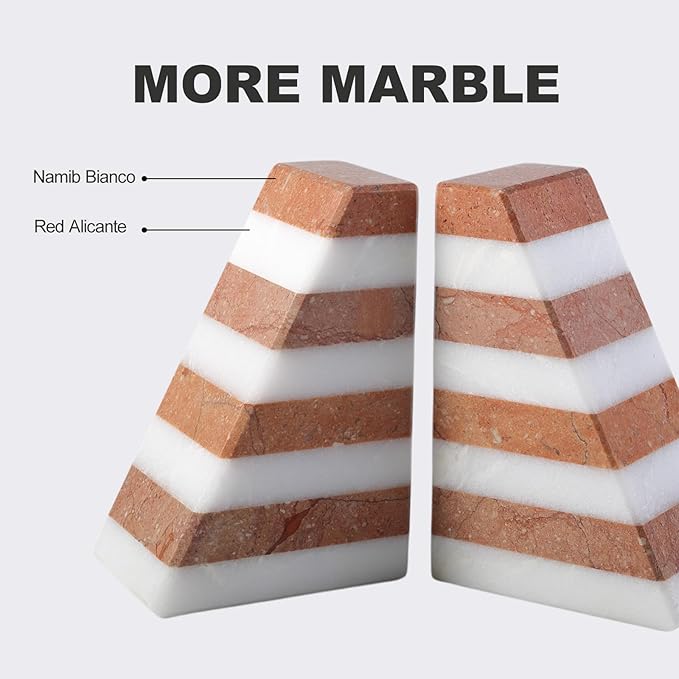 Marble Book Ends, Non-Skid Bookends for Shelves, Composite Bookend with Natural Stone, Heavy Duty Book Stopper, Collected CDs and Oversized Books Organizer, White & Red Decorative Bookends