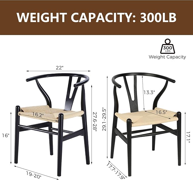 Wishbone Chair Natural Solid Wood Dining Chair/Hans Wegner Y Chair Rattan and Wood Accent Armrest Chairs - Ash Wood Chairs Set of 4 (Ash Wood - Black + Natural Color)