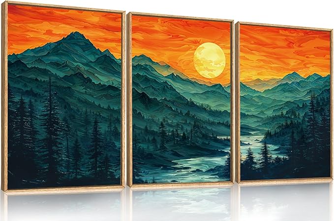 Woodland Mountain Framed Canvas Wall Art Set, Abstract Ridge Wall Painting, Boho Sunset Scenery Wall Decor, Modern Natural Landscape Art Print for Living Room, Bedroom, Office - 16"x24"x3