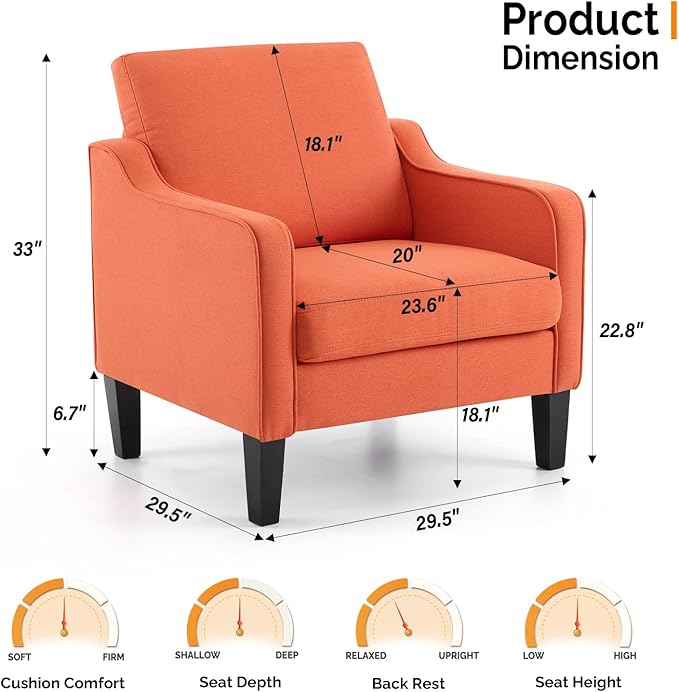 VINGLI Accent Chairs Set of 2 Living Room Chairs Burnt Orange Reading Chair for Bedroom Scooped Arm Chair Mid Century Modern Accent Chairs Upholstered Comfy Chair for Apartment, Waiting Room