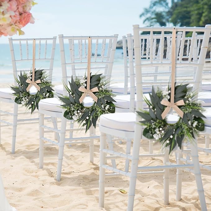 6 PCS Spring Wreaths for Front Door Green Wreath with White Flower Artificial Green Wreath with Ribbon for Pillar Front Door Porch Wall Window Farmhouse Decoration All Seasons