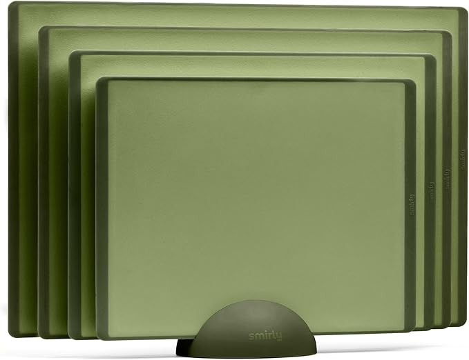 SMIRLY Plastic Cutting Board Set with Holder 4 Pieces, Non-Slip Dishwasher Safe Chopping Boards for Kitchen, Green