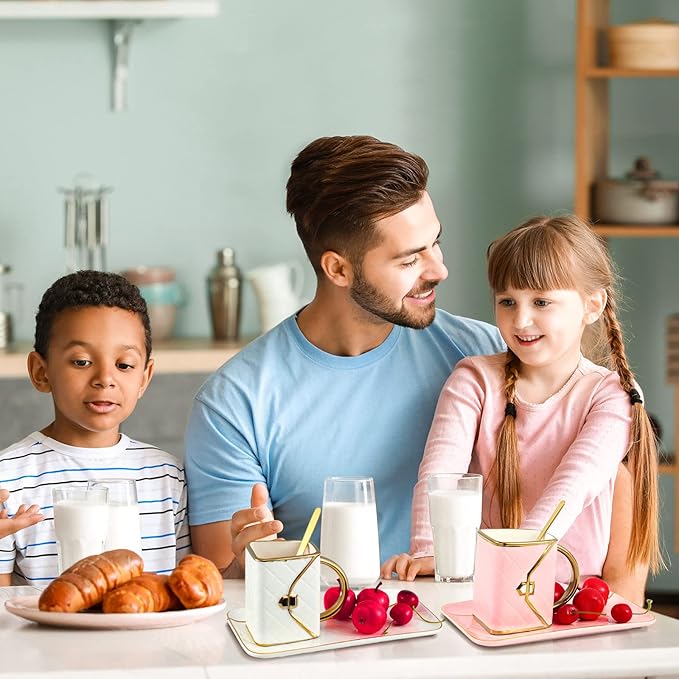 Zubebe 2 Sets Coffee Mug Elegant Handbag Shaped Cup Modern Ceramic Purse Mug with Spoon and Saucer, 10oz Cute Creative Tea Cup for Office Home Woman Girls Gift (Pink and White)