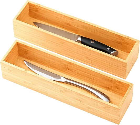 Umilife Bamboo Kitchen Drawer Organizer, Extra High Silverware Tray, Flatware Cutlery Storage Box, Multi-Use Holder in Office, Bathroom, Pantry - 12"x3"x2.5" (Set of 2)