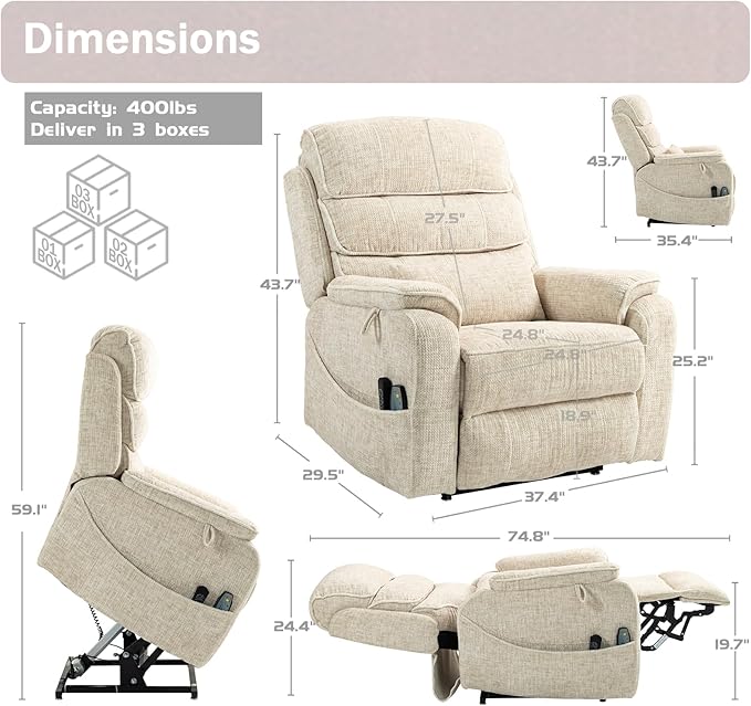 Power Lift Recliner Chair for Adults Elderly Lay Flat Velvet Recliners with Massage Heating, Extended Footrest, Wireless Charging Device, USB Ports, Cup Holder, Lumbar Pillow