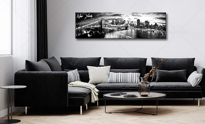DJSYLIFE New York Skyline Wall Art - Brooklyn Bridge Night View - Black and White Nyc City Pictures Scape Artwork Painting Decoration for Bedroom or Office, Ready to Hang 13.8"x47.3"-New York1