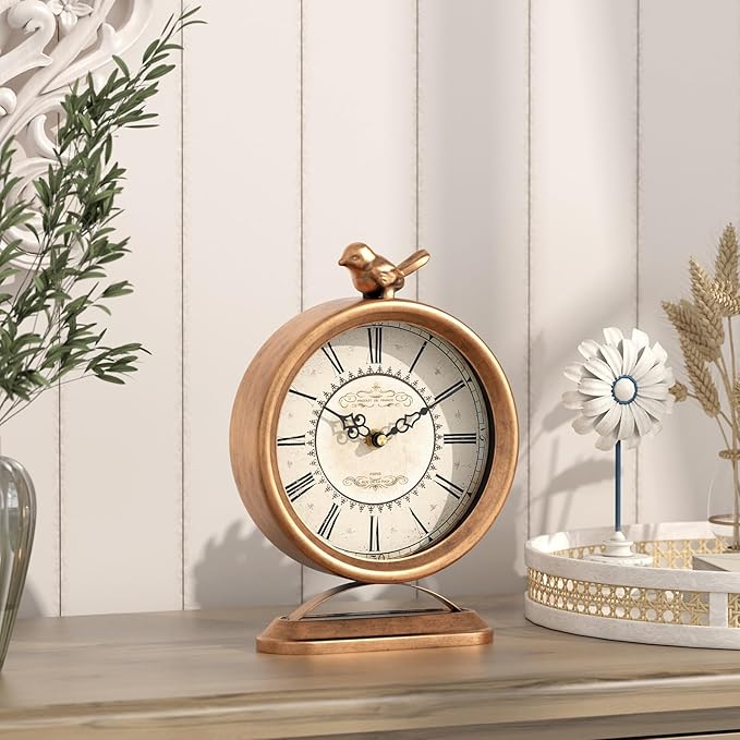 Vintage Table Clock with Bird, European Antique Style Gold Mantel Clocks, Desk and Shelf Decor Clock, for Farmhouse, Bedside, Living Room, Bedroom, Gift (9" H x 6.5" W)