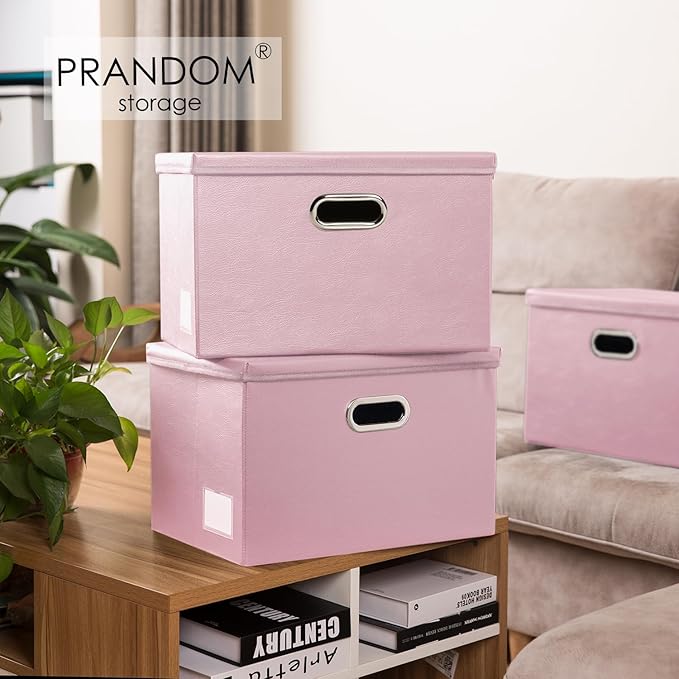 PRANDOM Collapsible Storage Bins with Lids [3-Pack] Leather Fabric Foldable Storage Boxes Organizer Containers Baskets Cube with Cover for Bedroom Closet Office Nursery Pink (14.9x10.8x10)