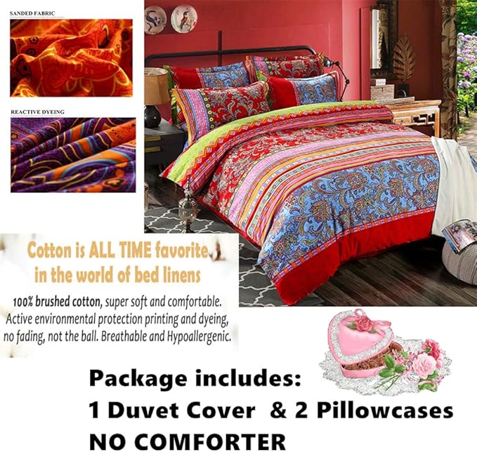 ABREEZE Bohemian Duvet Cover Set Colorful Red Boho Retro Bedding Set Damask Paisley Cotton Duvet Cover Tribal Reversible Bedding Exotic Style Comforter Cover 3-Piece Queen