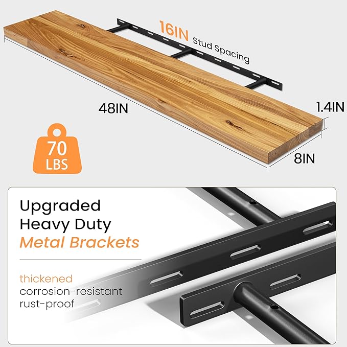 Fun Memories Wood Floating Shelves for Wall, 48 Inch Floating Shelves Wall Mounted, Rustic Elm Wood Shelf for Home Decor, Heavy-Duty Storage Shelves for Living Room, Bathroom, Kitchen, Natural Finish