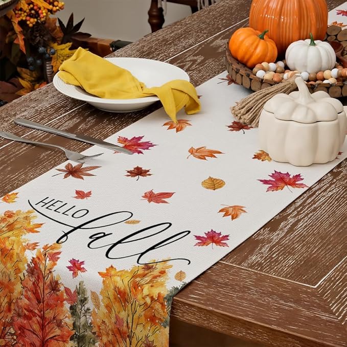 GEEORY Fall Watercolor Trees & Maple Leaves Table Runner 13x72 Inch, Rustic Farmhouse Autumn Thanksgiving Decor for Kitchen, Dining, Indoor/Outdoor Holiday Dinner Party Orange Red GT160-72