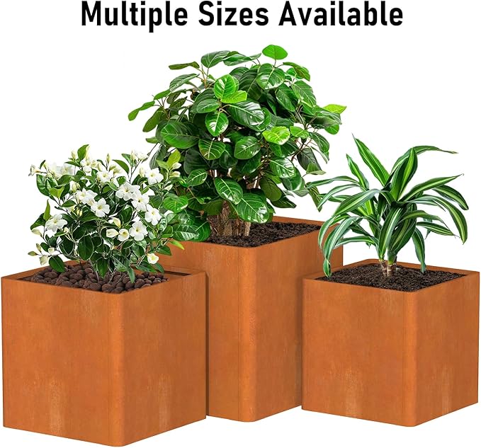Corten Steel Planter Box 24"x24"x25", Large Square Metal Planter Indoor&Outdoor, Large Cube Planters with Drainage Hole for Porch/Patio/Garden