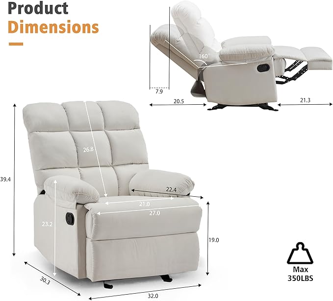 Rocker Recliner Chair, Overstuffed Manual Rocking Recliner for Adults, Upholstered Comfy Soft Fabric Living Room Reclining Sofa Chair (Beige Fabric)