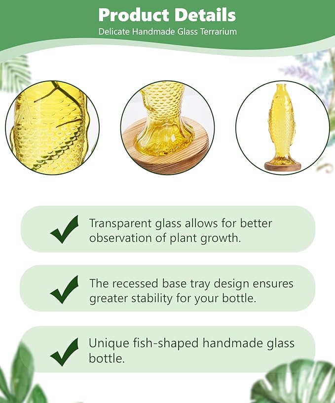 Nacome Fish Vase Glass Plant Terrarium with Wooden Stand,Planter Propagation Station for Home Office Hydroponics Desk Decoration,Unique Gardening Gifts for Plant Lovers Women Mom(Yellow)