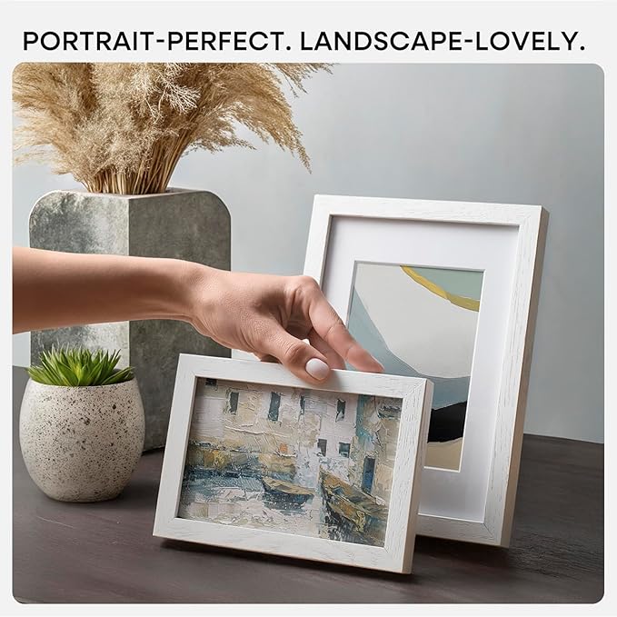Homeforia 6x8 Picture Frame White, High End Oak 8x6 Wooden Frames with Mat 7x5 Print, 6 x 8 White Wood Frame Matted to 5 x 7 inch Photo, 6by8 Wall or Tabletop Frame, Tempered Glass, Wall Kit, Set of 1