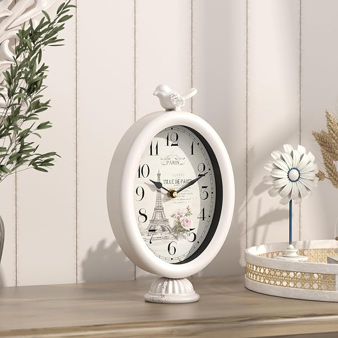 Vintage Table Clock with Bird, Desk and Shelf Decor Clock, French Paris Style, Antique White Metal Mantel Clocks for Living Room, Farmhouse, Bedroom, Bedside, Gift (10" H x 5.9" W)