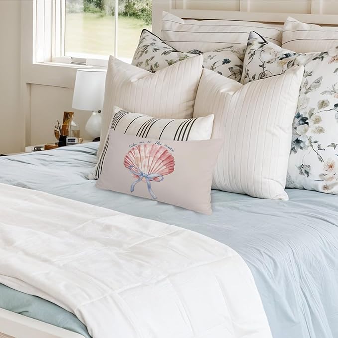 Coastal Girly Room Decor Aesthetic 12x20 Pillow Cover, Take Me to The Ocean Coquette Bow Seashell Decorative Lumbar Pillow Covers for Girls Bedroom College Dorm Sofa Couch