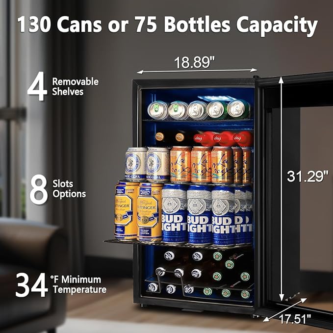 Tylza 130 Can Beverage Refrigerator Cooler, 3.22 Cu.Ft Beverage Cooler with Low-E Glass Door, Safety Lock, Beverage Fridge for Soda, Beer, Wine, Mini Fridge for Home, Office, Bar, Bedroom, Black