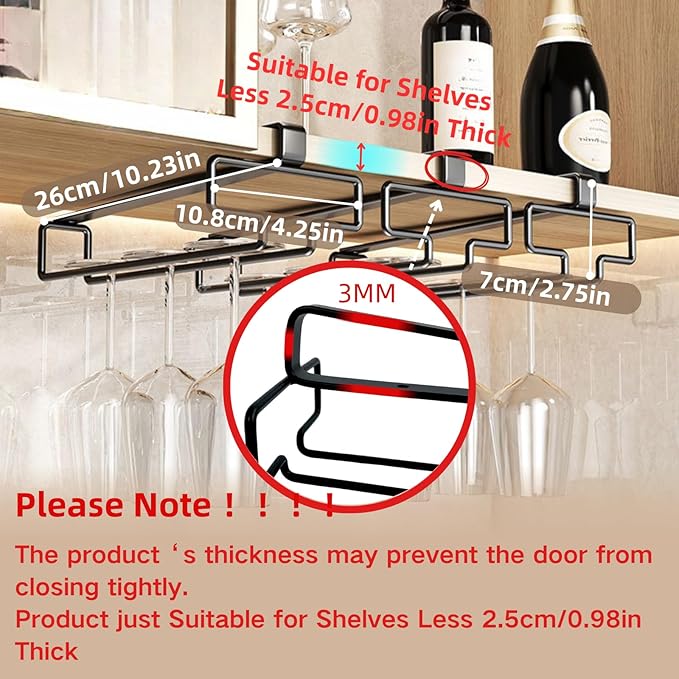 LINFIDITE Wine Glass Holder 2PCS Stemware Rack Hanger Under Cabinet Wine Glass Rack Kitchen Hanging Storage Rack Organizer,Black
