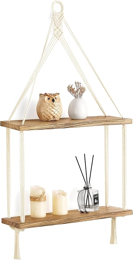 Mkono Macrame Hanging Shelf Boho Wall Decor 2 Tier Handmade Cotton Rope Rustic Wood Floating Shelves Display Photos Plants Hanging Storage Shelving for Living Room Nursery Bathroom Bedroom