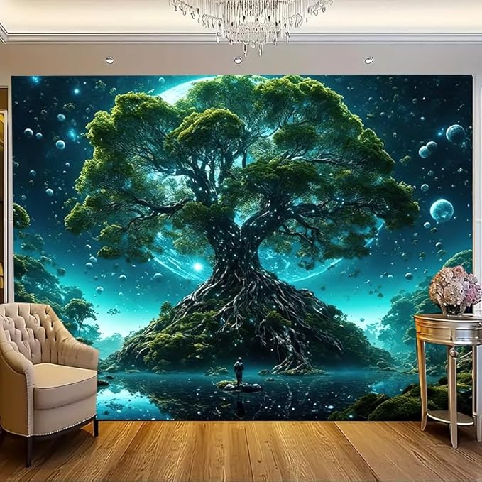 FENDROM Tree of Life Tapestry Nature Green Tree Wall Hanging Aesthetic Moon Night Fantasy Wonderland Tree Plants Wall Art For Home Dorm Living Room Decor