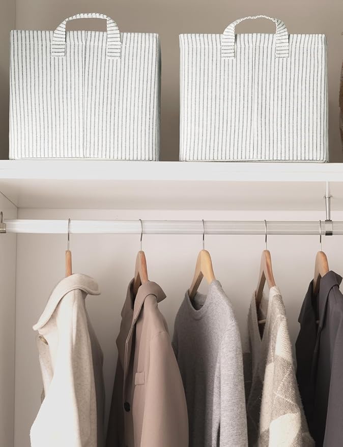 StorageWorks Storage Bins, Fabric Storage Bins for Shelves, Large Storage Baskets with Metal Frame, Closet Baskets and Bins with Handles, Gray and White Stripes, 2-Pack