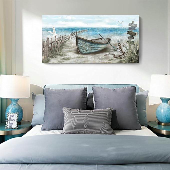 Wall Art for Living Room Large Beach Decor Picture Seagull Vintage Boat Artwork Ocean Sea Bird Canvas Print Seascape Nautical Painting Blue Teal Rustic Coastal Themed Cottage Bedroom Office Décor