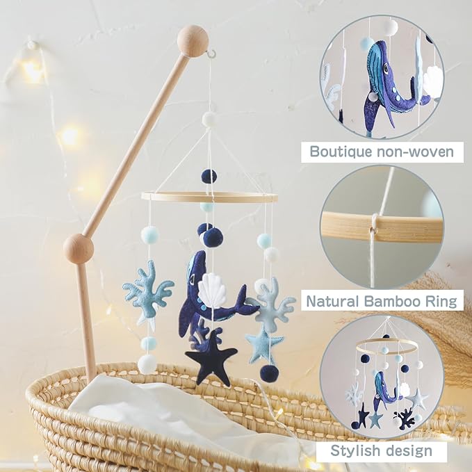 Baby Crib Mobile for Boys Girls - Ocean Animals Mobile for Crib, Gender Neutral Nursery Mobile, Baby Bassinet Mobile Toy for Soothing Sleep | Ceiling Mobile - Blue Whale, Shell, Coral, Starfish