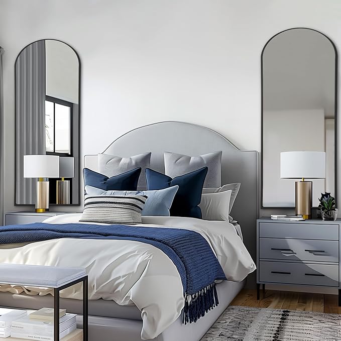 56"X18" Full Length Mirror, Black Floor Mirror with Stand Hanging or Leaning Against Wall Aluminum Alloy Frame Wall Mirror Full Length Tempered Glass for Bedroom Living Room