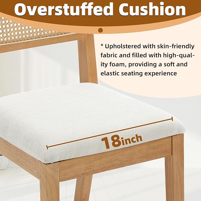 Westice Rattan Dining Chairs Set of 2, Farmhouse Natural Dining Room Chairs with Upholstered Cushion, Wood Armless Chairs for Kitchen/Restaurant