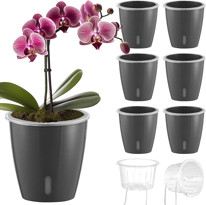 Self Watering Pots for Indoor Plants, 6-Pack 5'' Self Watering Planter with Drainage Holes, Small African Violet Pots with Water Indicator, Clear Wick Orchid Pot, Grey Gold