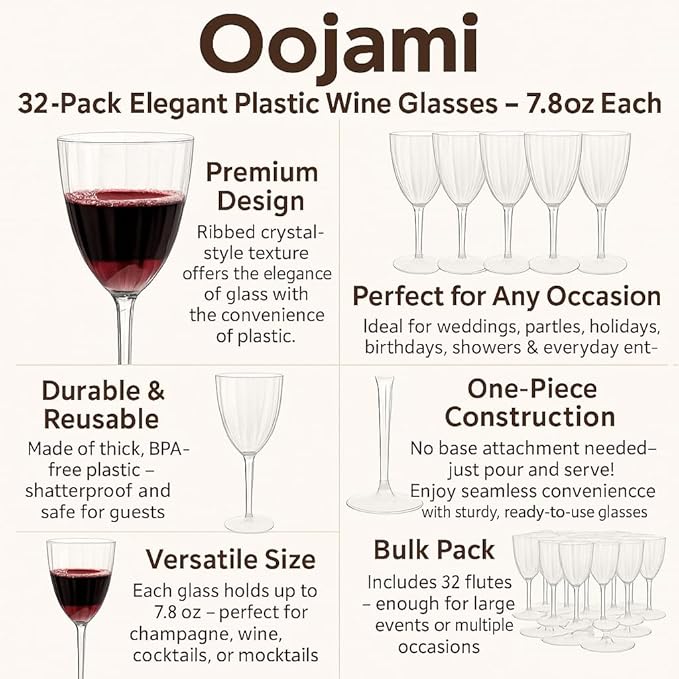 Oojami Elegant Plastic Champagne Flutes - 32 PCS, 7.8oz Disposable & Reusable Wine Glasses - Perfect for Home, Parties, Weddings, Birthdays & Celebrations (32, Clear)