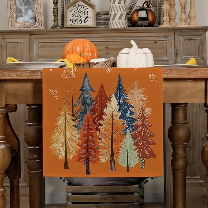 GEEORY Fall Watercolor Trees & Maple Leaves Table Runner 13x90 Inch, Rustic Farmhouse Autumn Thanksgiving Decor for Kitchen, Dining, Indoor/Outdoor Holiday Dinner Party Orange GT158-90