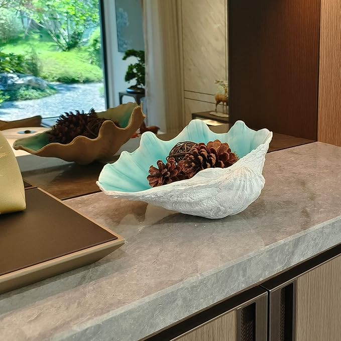 Large Turquoise-Aqua blue Sea Shells Decorative Bowl Resin Clam Shell Bowl Beach Decorations for Home Coastal Beach Decor Decoration Storage Bowls & Home Office Nautical Themed Party Decor -10.2-1PC