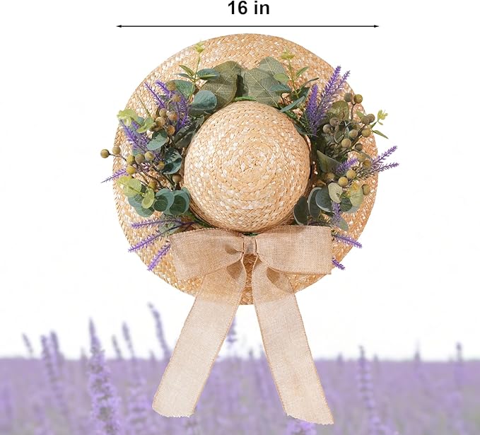 Dilicoming Spring Eucalyptus Wreaths for Front Door - 16 Inch Summer Fall Straw Hat Wreath with Bow, Women Gift, Indoor Outdoor Wreaths for Wall, Window, Farmhouse, Party, Holiday Home Décor