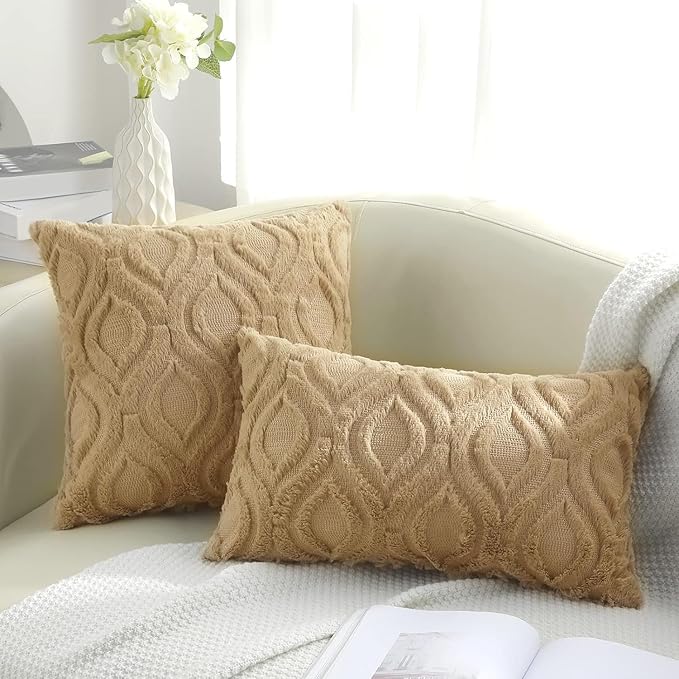 decorUhome Throw Pillow Covers 16x16 Inch Set of 2, Soft Plush Decorative Faux Fur Light Brown Solid Couch Pillow Covers, Accent Farmhouse Neutral Square Euro Pillow Cases for Sofa Bed Living Room