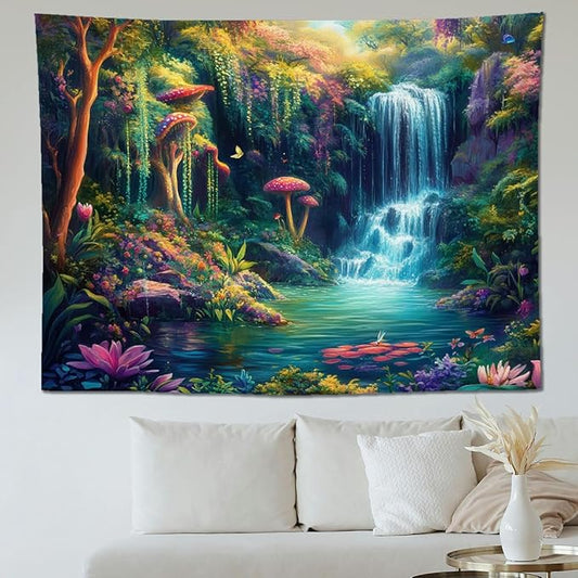 keowhsf Forest Waterfall Tapestry with Mushrooms and Flowers – Colorful Floral Plants Natural Landscape Wall Art, Fantasy Aesthetic Wall Hanging for Bedroom Decor