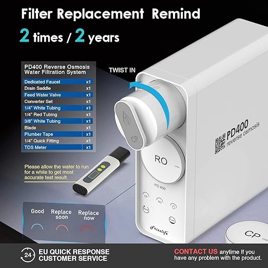 Frizzlife Reverse Osmosis System - Tankless 400 GPD Drinking Water Filtration System, Quick Twist Under Sink RO Filter - 1.5 : 1 Pure to Drain - Reduce TDS, Compact Footprint, USA Tech Support, PD400