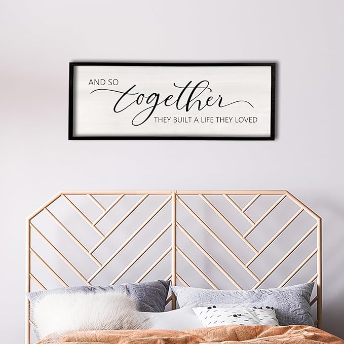 And So Together They Built A Life They Loved Framed Wood Farmhouse Sign - 32'X12' Master Bedroom Above Bed Wall Art for Love Sign Decor (Black)