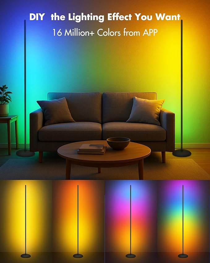 Corner Floor Lamp, Smart RGB LED Corner Lamp with App & Remote, Modern Floor Lamp with 16 Million Colors, Music Sync, Scene Modes, Color Changing Standing Lamps for Living Room, Bedroom