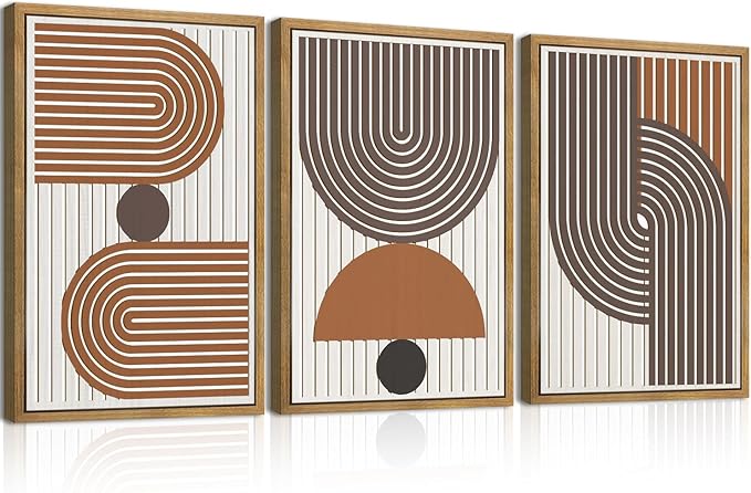 Mid Century Boho Modern Wall Art Set Abstract Geometric Wooden Wall Decor Minimalist Line Neutral Artwork Mid Century Wood Art Decor for Living Room Bedroom Office-16x24Inch x3