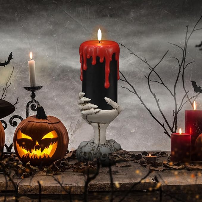 Wondise Halloween Flameless Candles with Ghost Hand, Battery Operated LED Black Candles with 6hrs Timer, Real Wax Pillar Candles with Flickering 3D Wick for Halloween Home Theme Party Decor