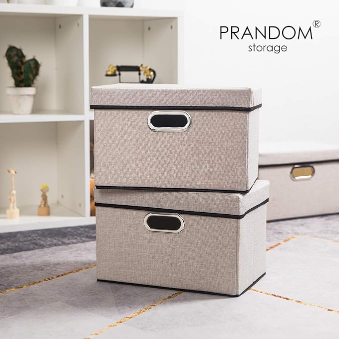 PRANDOM Foldable Storage Bin with Lid [1-Pack] Linen Fabric Decorative Storage Box Organizer Container Basket Cube with Handles Divider for Closet Office Living Room Light Grey(14.9x9.8x9.8)