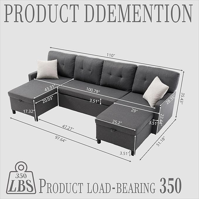 Pull Out Couch, Oversized Sleeper Sofa Couch, Sectional Sleeper Sofa Bed for Living Room Bedroom Lounge (Grey, 110 Inch)